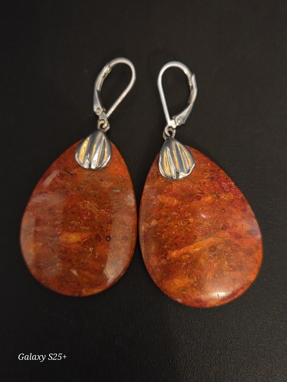 Navajo Red Coral Stone Teardrop Earrings w/.925 Silver Accents